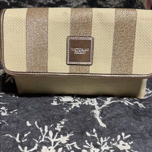 Victoria's Secret Cream and Brown Striped Cosmetic Bag